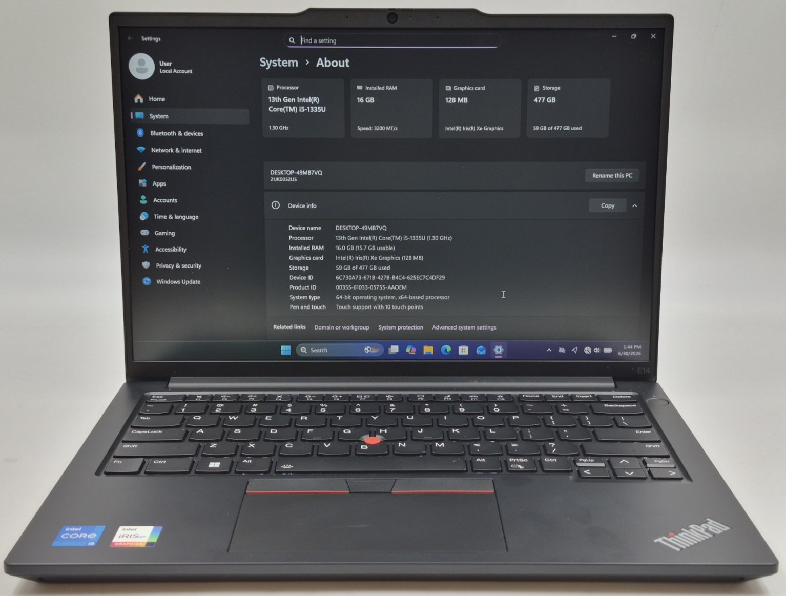 Lenovo ThinkPad E14 Gen 5 Laptop i5-1335U 1.30GHz 16GB RAM 512GB NVMe SSD Win11P