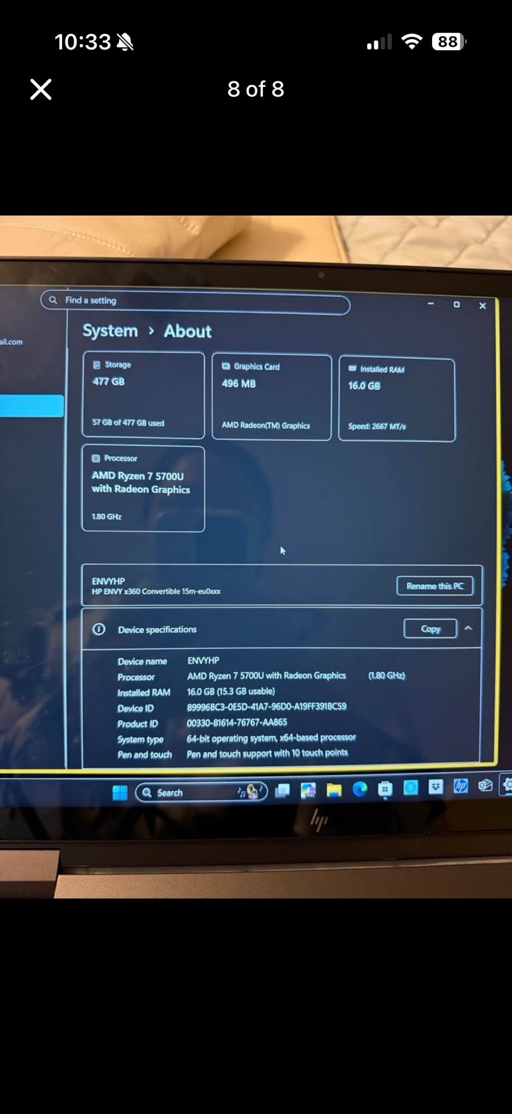 HP Envy X360 15-EE1083CL Laptop AMD Ryzen 7, 5700U, 512GB, 16GB RAM, No OS