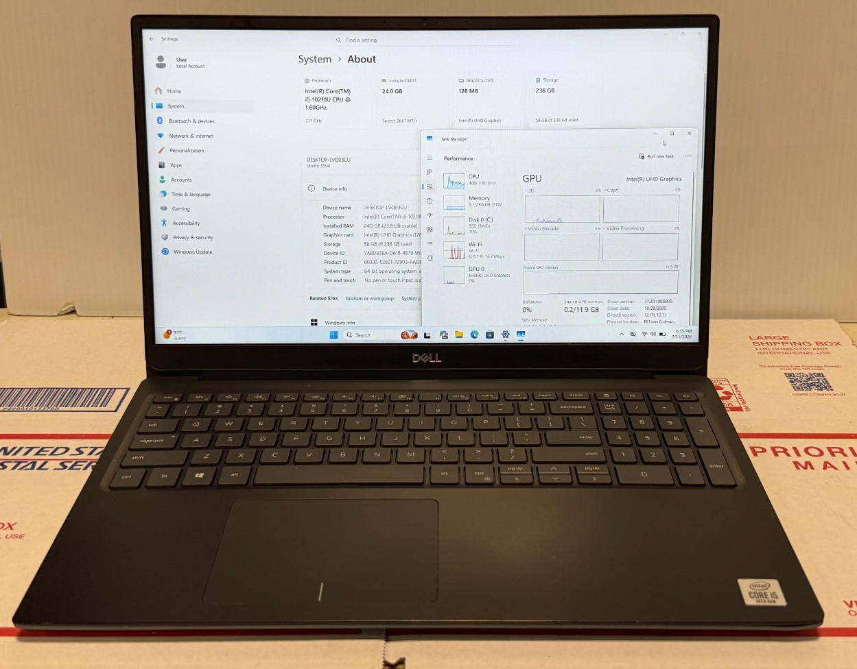 Dell Vostro 5590 Used Laptop (i5-10210U CPU @ 1.60GHz-24GB-256GB NVMe) Win 11