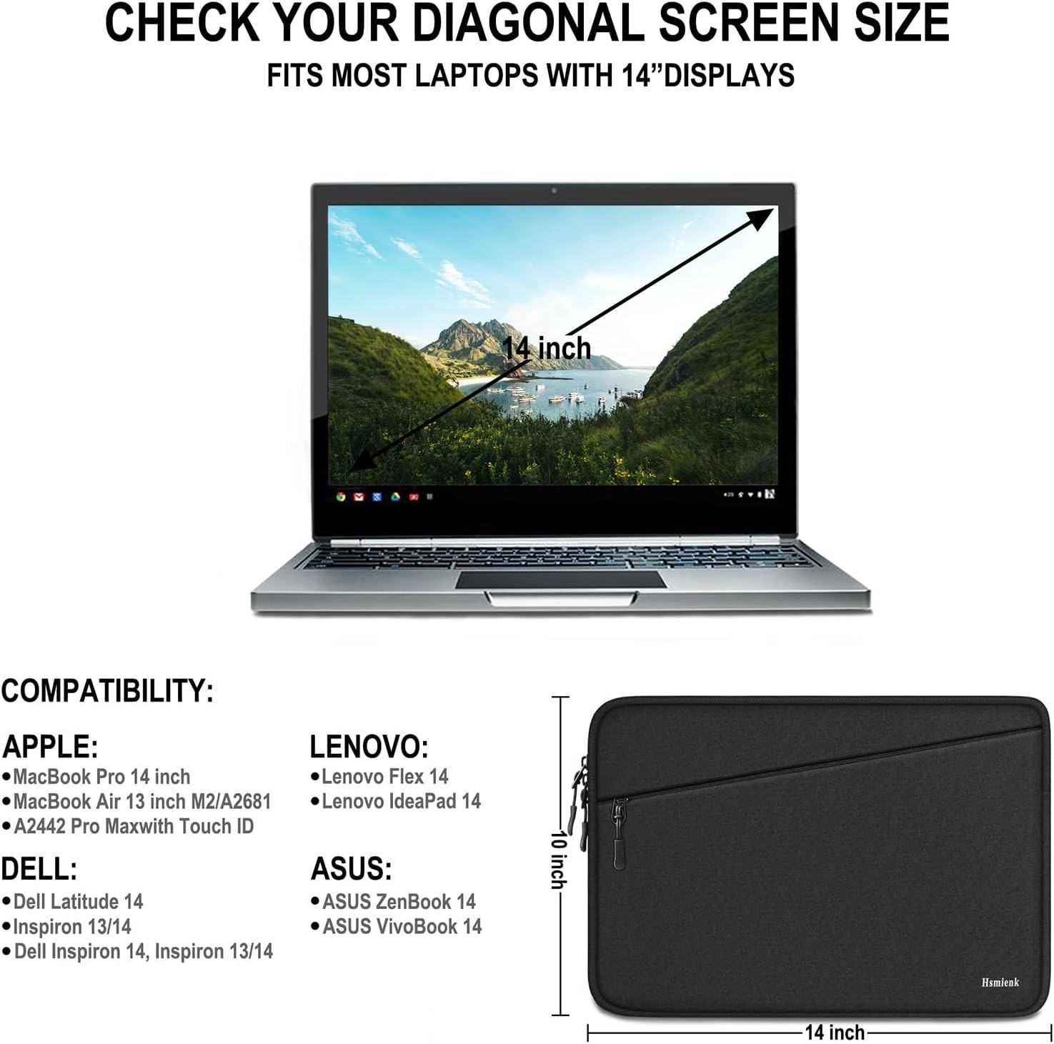 Traveling Water Resistant 14 Inch Laptop Sleeve with Pocket, Shockproof Case Bla