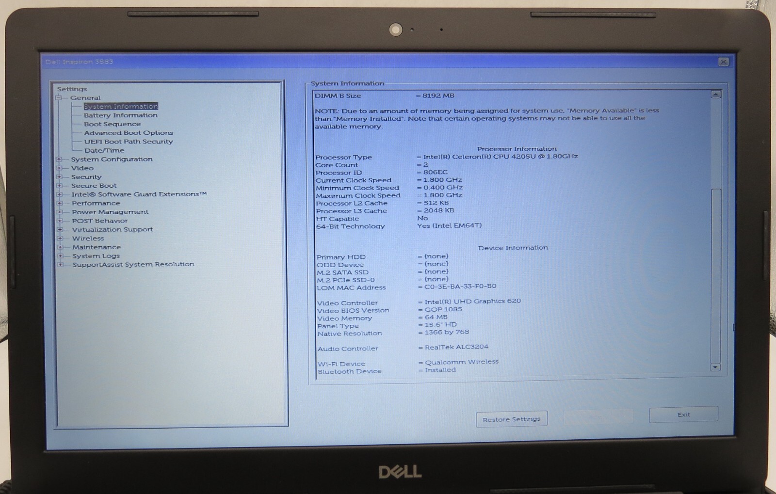 Dell Inspiron 3583-15.6″- 4205U@1.80GHz-16GB DDR4 RAM-16GB Internal-NO OS *READ*