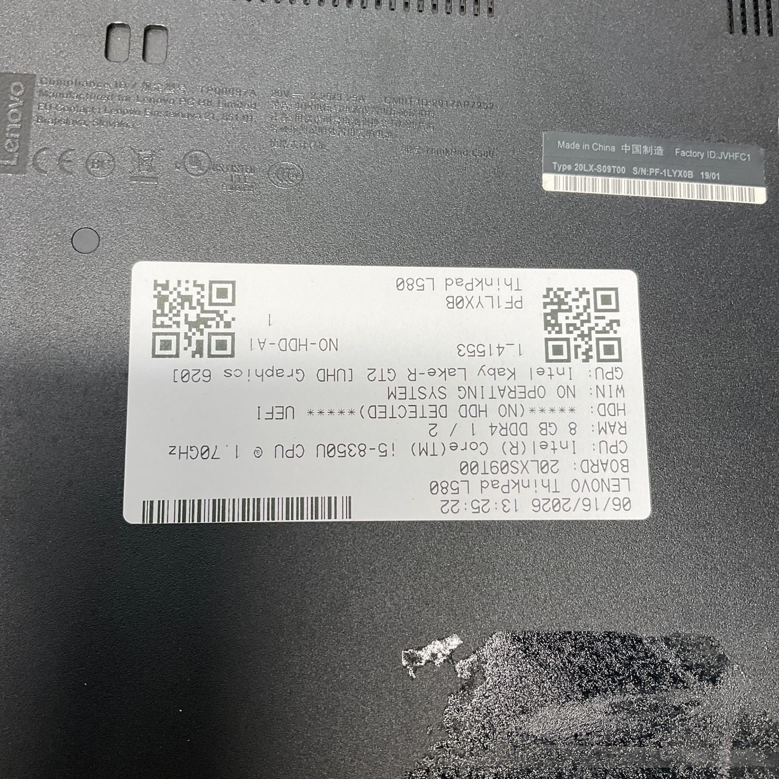 Lenovo ThinkPad L580 15.6″ Laptop Intel Core i5-8350U 1.70GHz 8GB RAM NO HDD OS