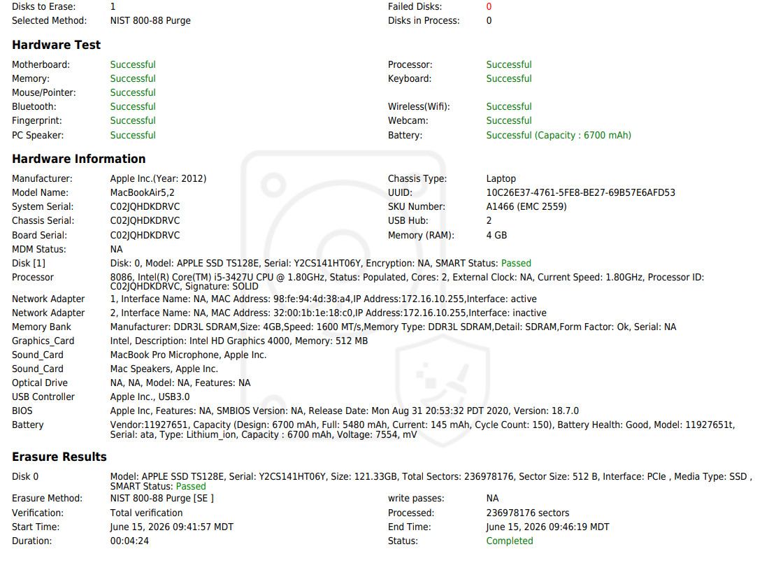MacBook Air (A1466) Intel(R) Core(TM) i5-3427U CPU @ 1.80GHz-4GB RAM-128GB SSD