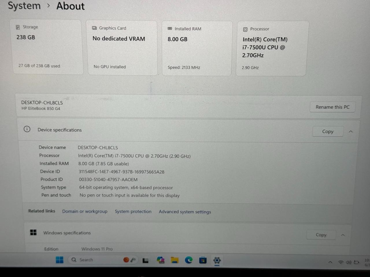 HP EliteBook 850 G4 8GB RAM, i7-7500U, 2.70GHz, 256GB SSD Windows 11