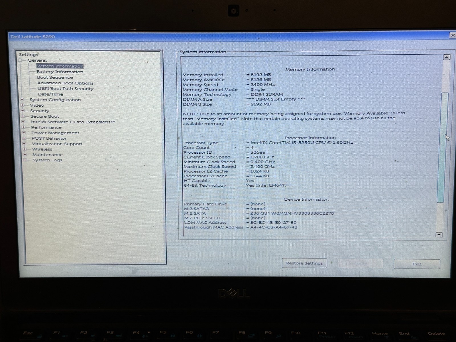 Dell Latitude 5290 i5 8250u 8GB RAM 256GB SSD NO OS/AC #04