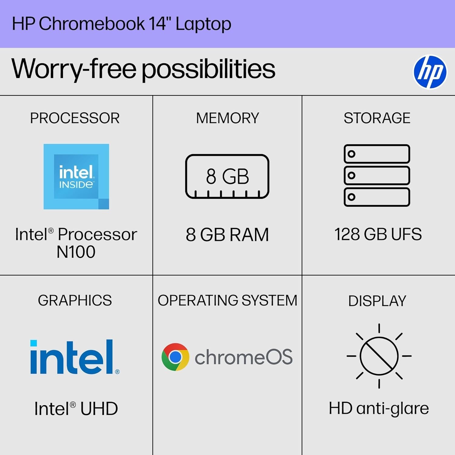 HP Chromebook 14 inch Laptop, HD Display, Intel Processor N100, 8GB 14a-nf0099nr
