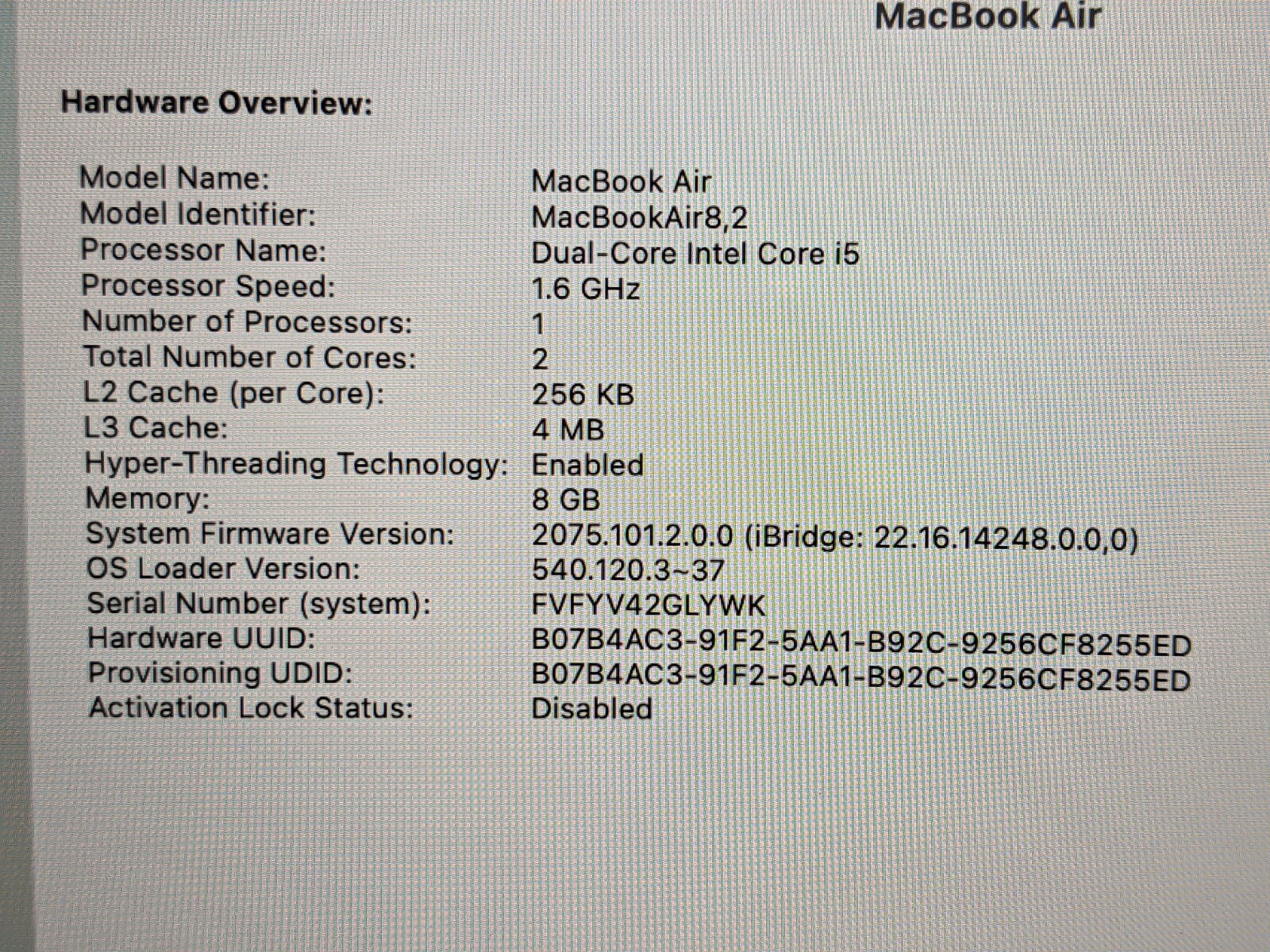Apple MacBook Air 13″A2179 (2019) i5-8210Y 1.6Gh 8GB 256GB OS Monterey MVFH2LL/A