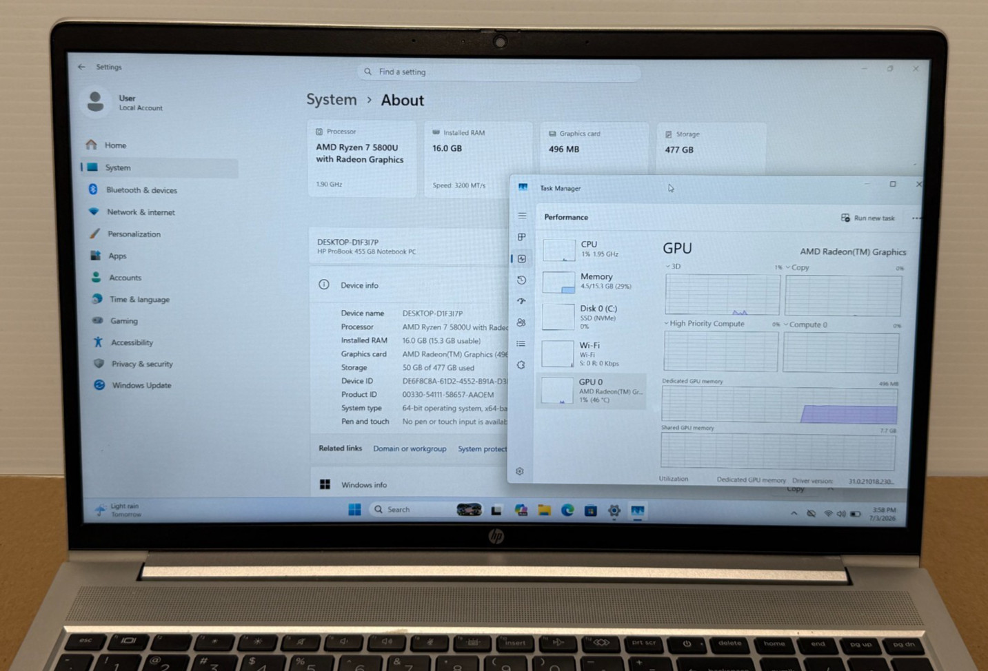 Hp Probook 455 G8 AMD Ryzen 7 5800U 1.90Ghz 16GB M2-512SSD W11P