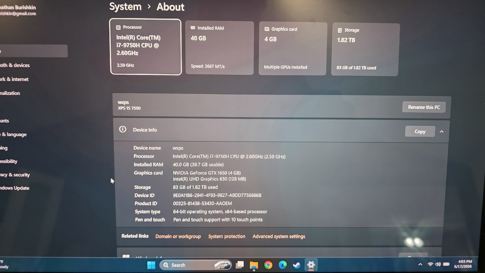 Dell XPS 15 7590 4k OLED i7-9750H 2.60GHz 40GB RAM 2TB SSD NVIDIA GTX 1650