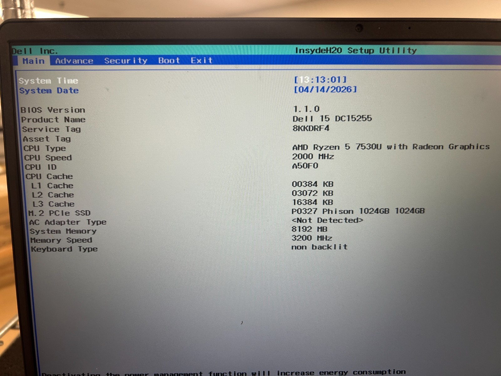 DELL 15 DC15255 HV1N4, AMD Ryzen 5 7530U, 2.00 GHz, 8 GB RAM, 1 TB NVMe SSD