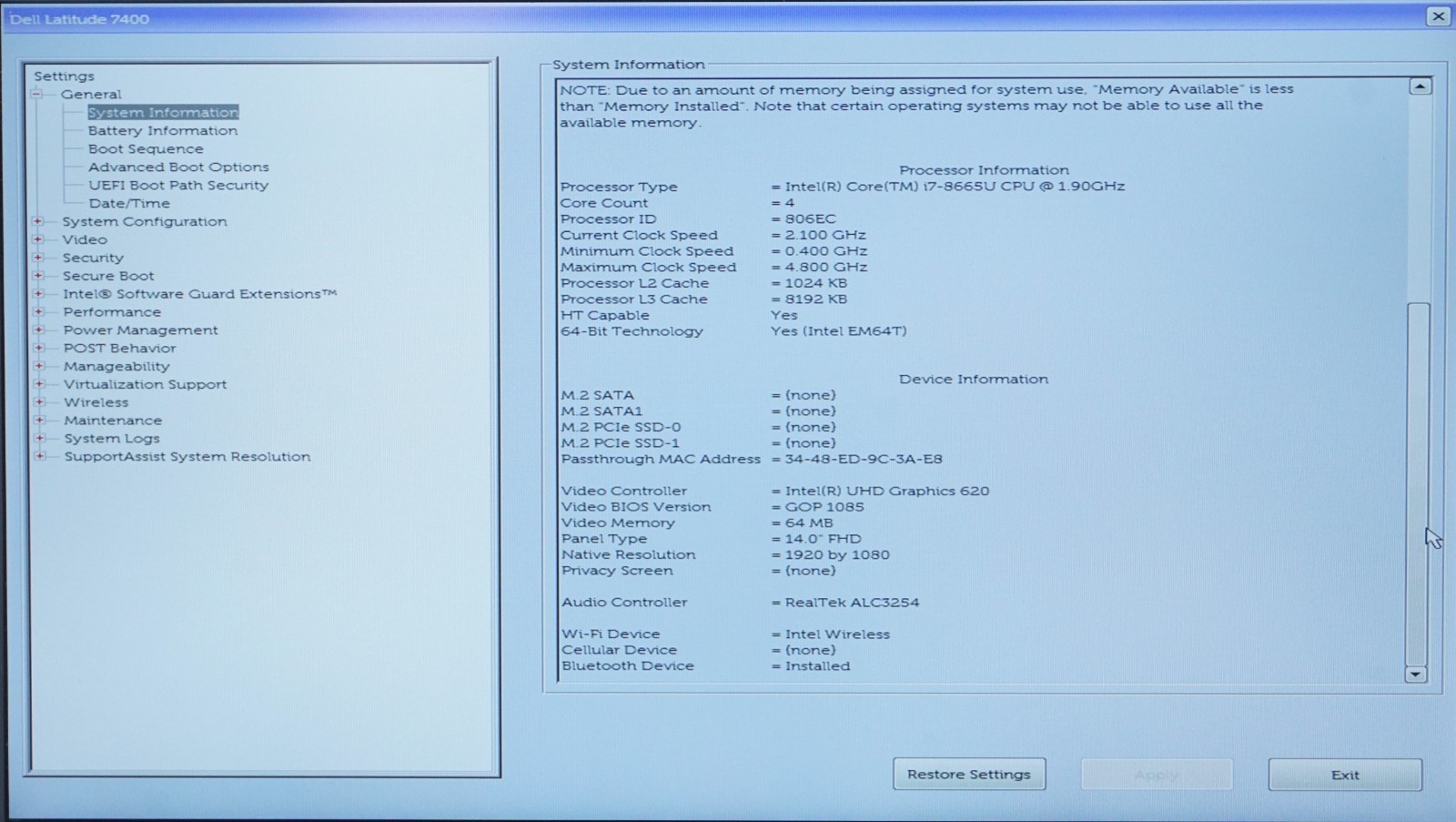 Dell Latitude 7400 14″ Intel Core i7-8665U @1.90GHz 8GB RAM (No SSD)
