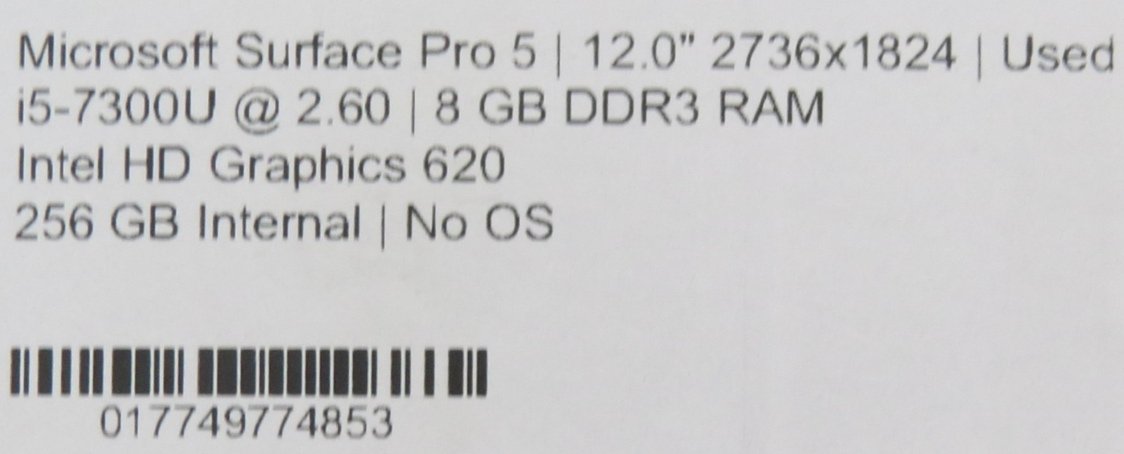 Surface Pro 5 i5-7300U @ 2.6GHz 8GB DDR3 256GB SSD 12″ No OS/AC