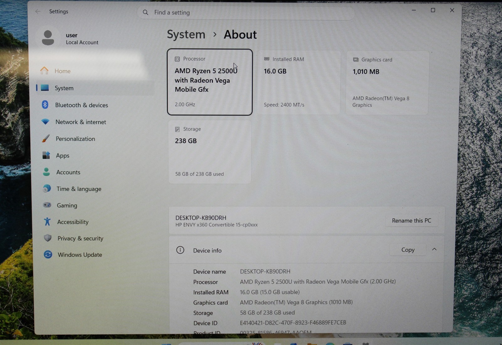 HP ENVY X360 15-CP0053CL AMD Ryzen 5 2500U 16GB DDR4 RAM 256GB SSD Win 11 Home