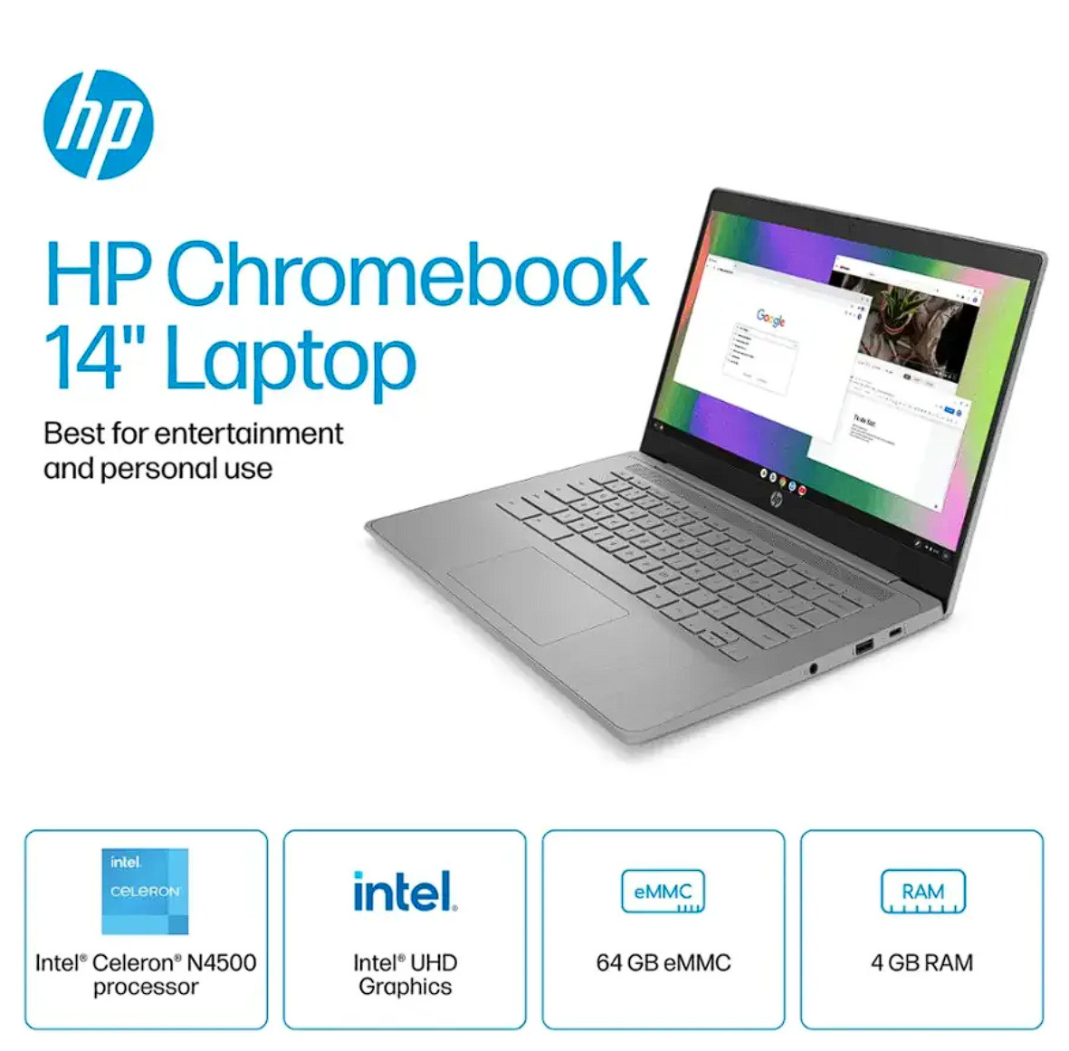 HP CHROMEBOOK 14″ HD LED INTEL CELERON N4500 4GB OB RAM 64GB EMMC Chrome OS