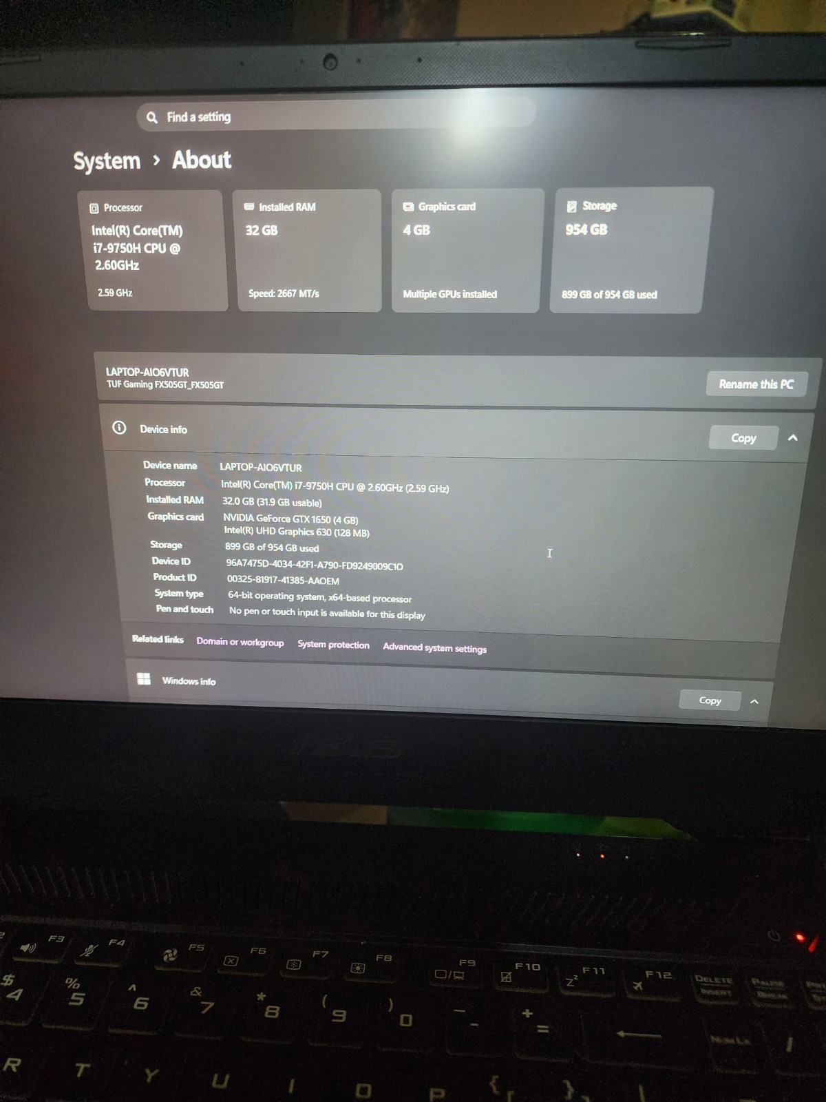 ASUS TUF Gaming FX505GT 15.6″ i7-9750H 32GB GTX 1650 954GB SSD W11