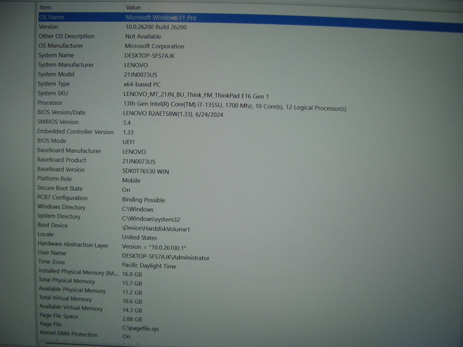 2024 Lenovo ThinkPad E16 Gen 1 16″WUXGA i7-1355U 1.7GHz 16GB 512GB Win 11Pro +PA