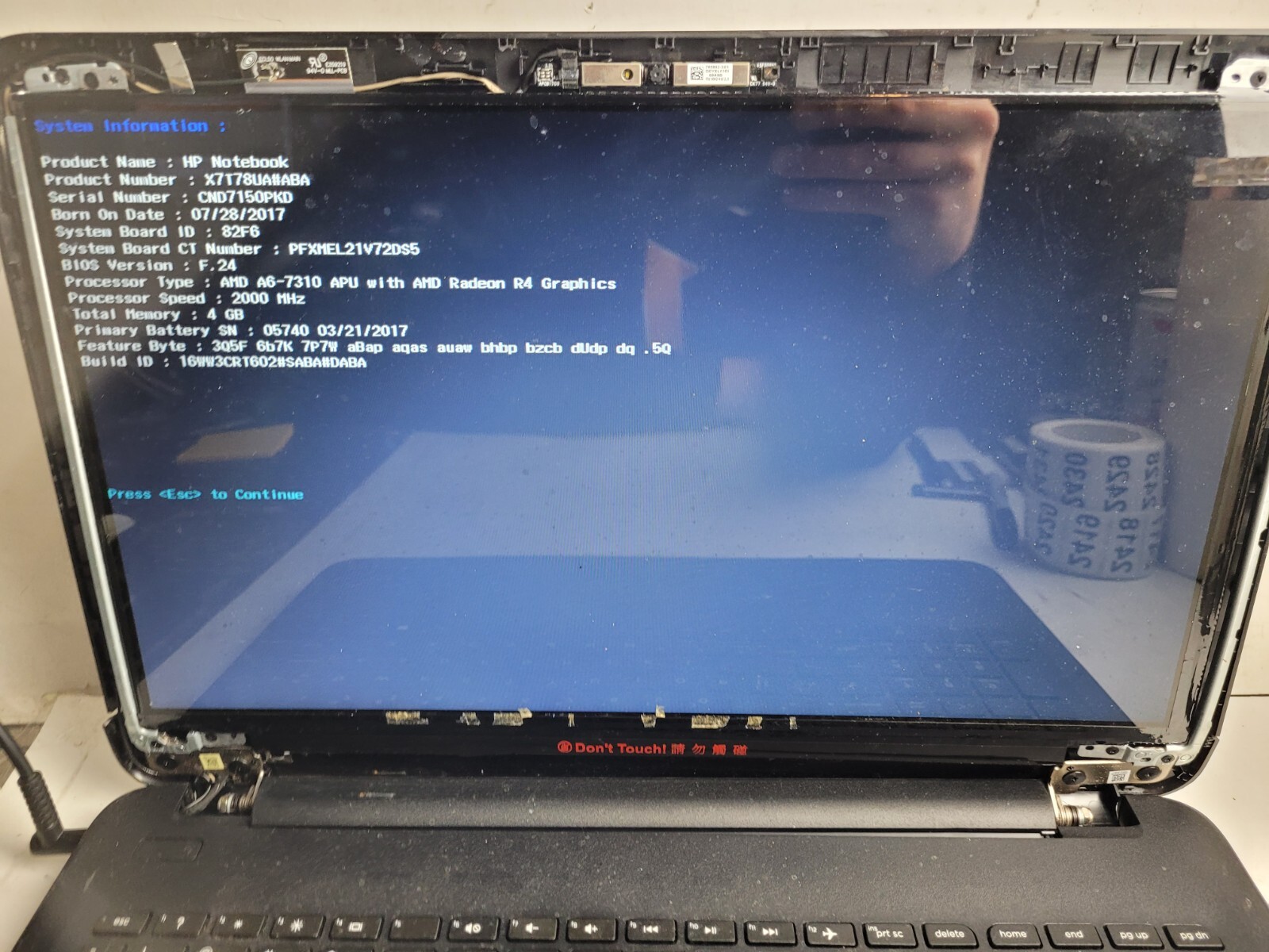 HP model 15-ba009dx w/AMD A6-7310, 4GB RAM, 500GB HDD, 15″ Laptop for Parts#2413