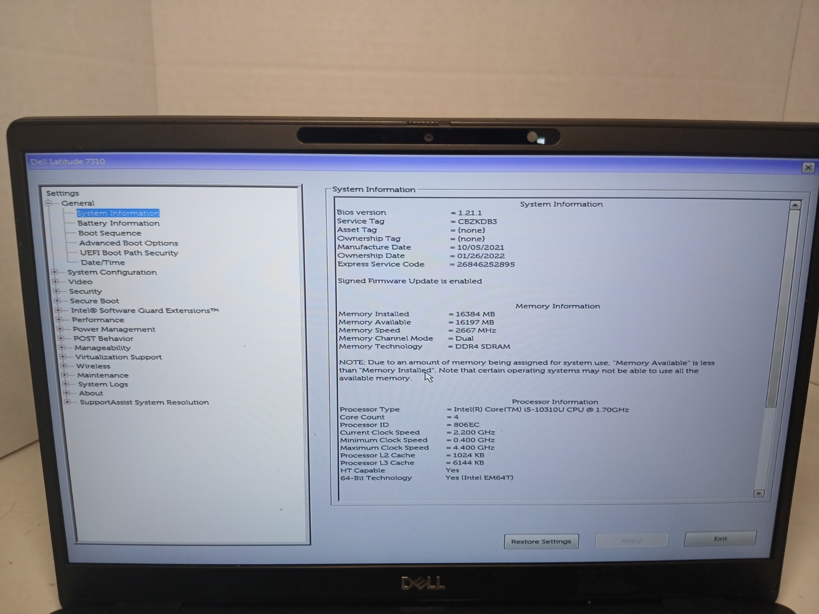 Dell Latitude 7310 13″ Laptop i5-10310U 1.70 GHz 16GB RAM NO OS/SSD #97