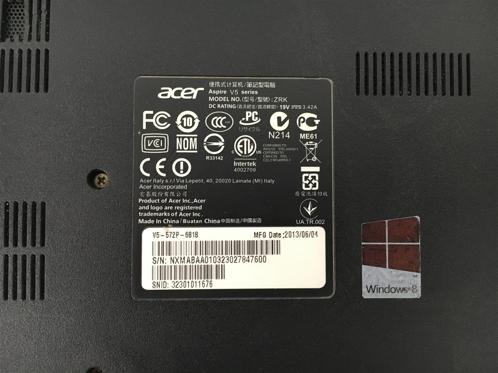 Acer Aspire V5-572P 6818 i5-3337U 1.8GHz 6GB RAM No HDD No OS Touchscreen 15.6″