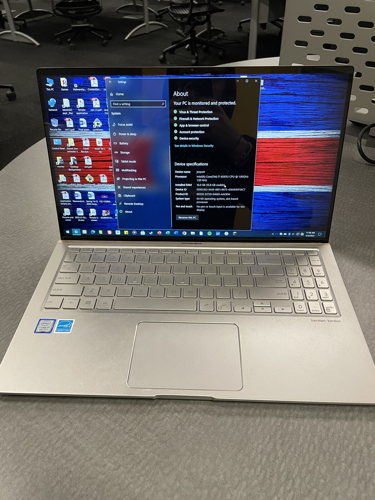 asus laptop Zenbook 15 UX533 Notebook. Silver. intel Core i7-8565 CPU @ 1.80GHz.
