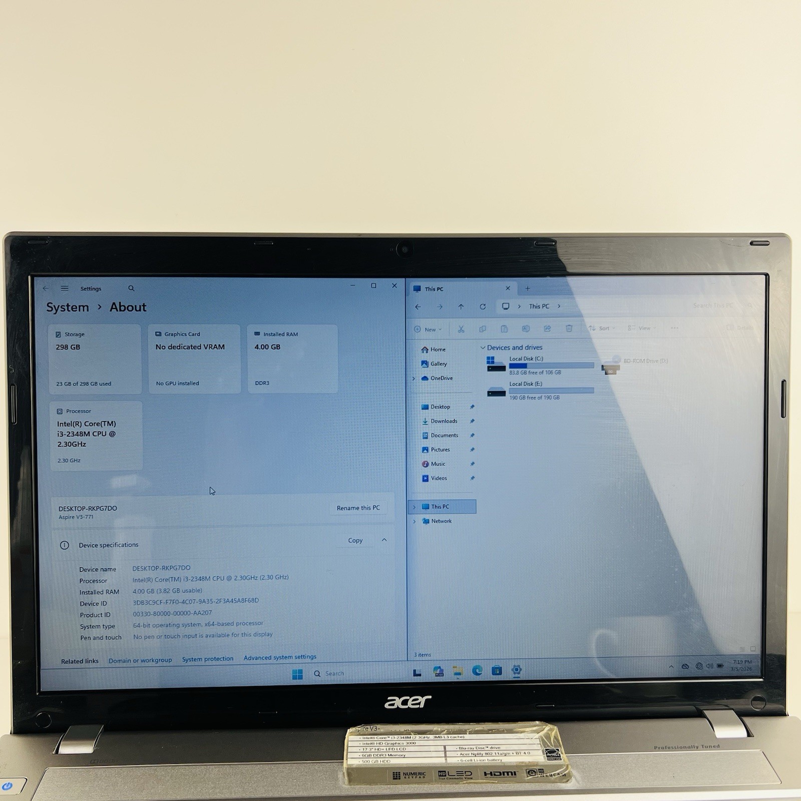 Acer Aspire VA70 V3-771-6605 Laptop Computer 300GB HDD i3-2348M @2.30GHz 4GB RAM