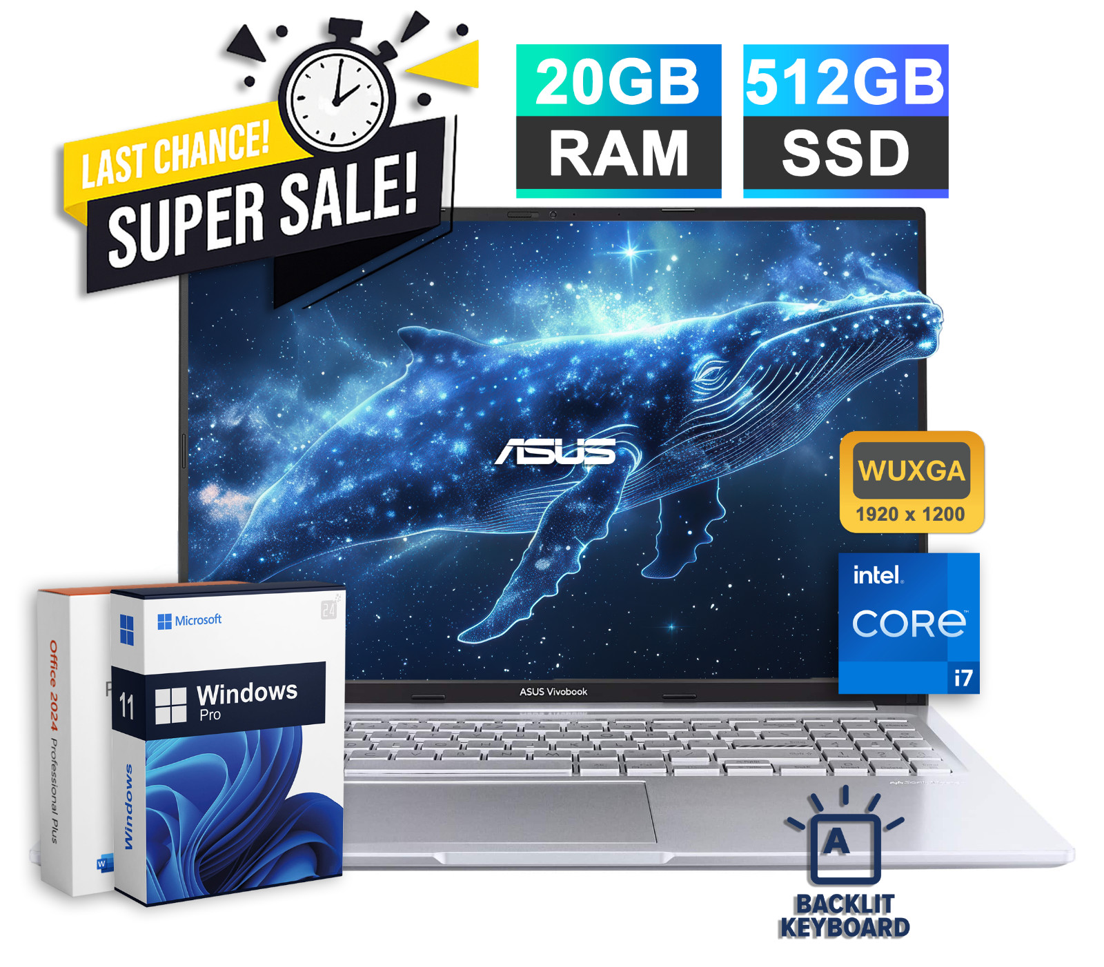 2026 ASUS Vivobook 16″ Laptop Office 2024 Intel i7 20GB RAM & 512GB SSD Backlit