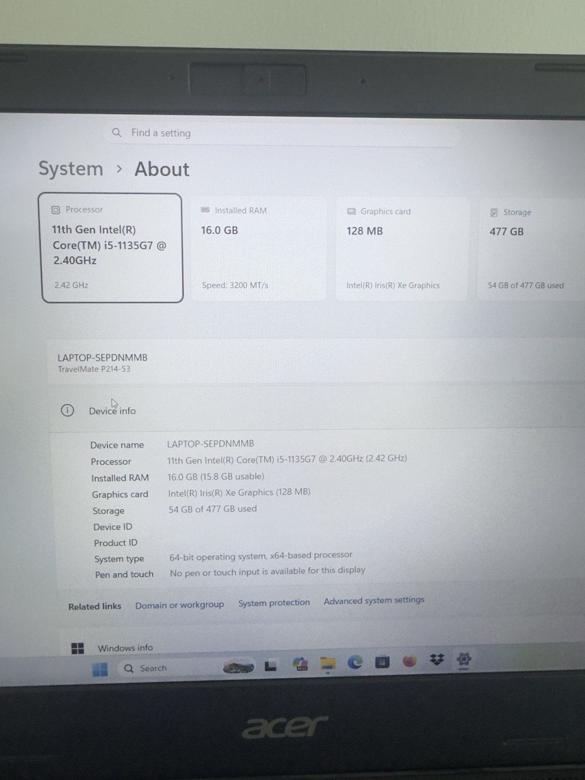 Acer TravelMateP214-11geni5-1135G7 2.4GHz 16gb RAM 512gb SSD 14″ FHD Win 11 Pro.
