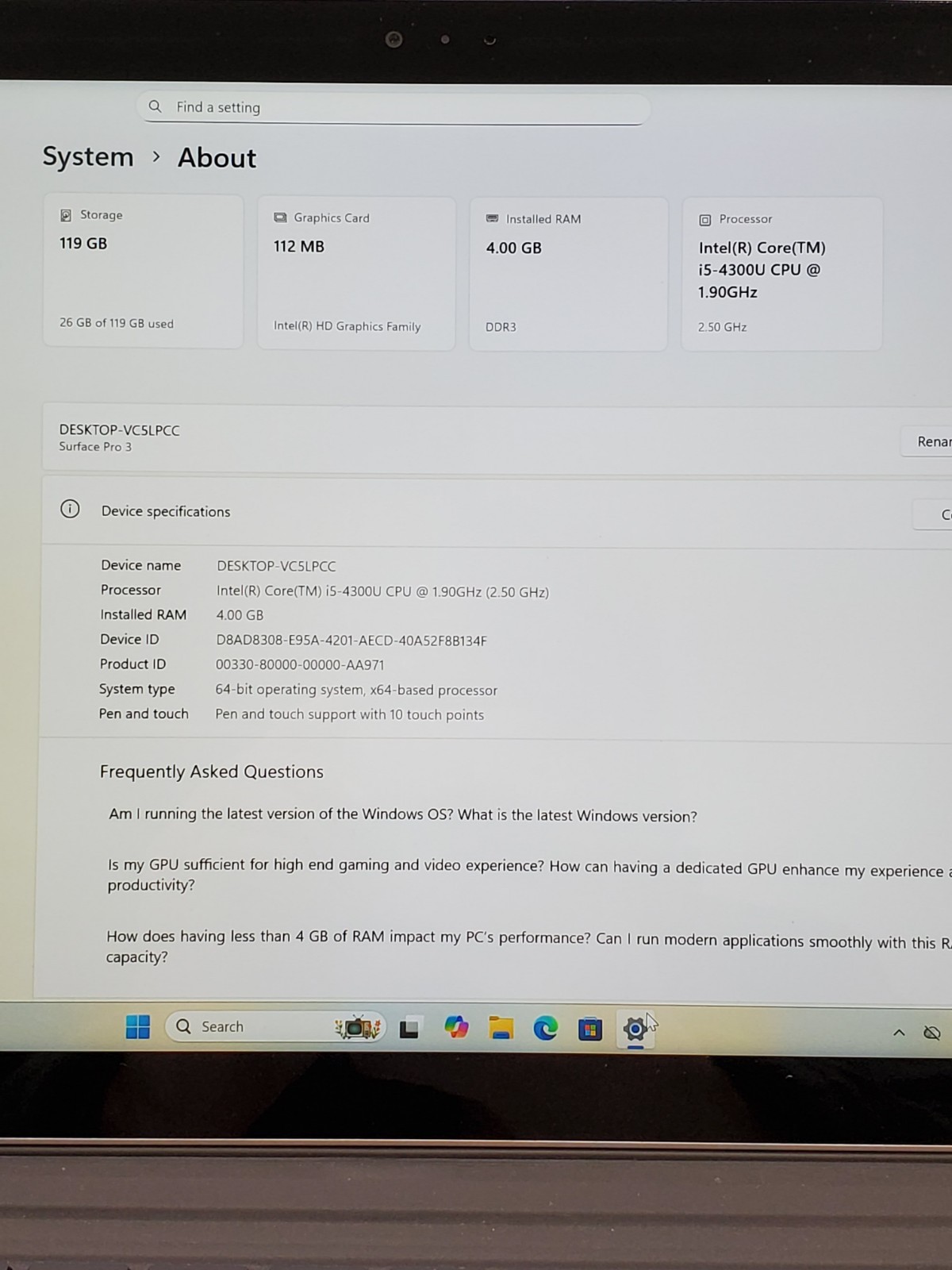 Microsoft Surface Pro 3 1631 Core i5-4300U 4GB RAM 128GB SSD Windows 11 Pro.