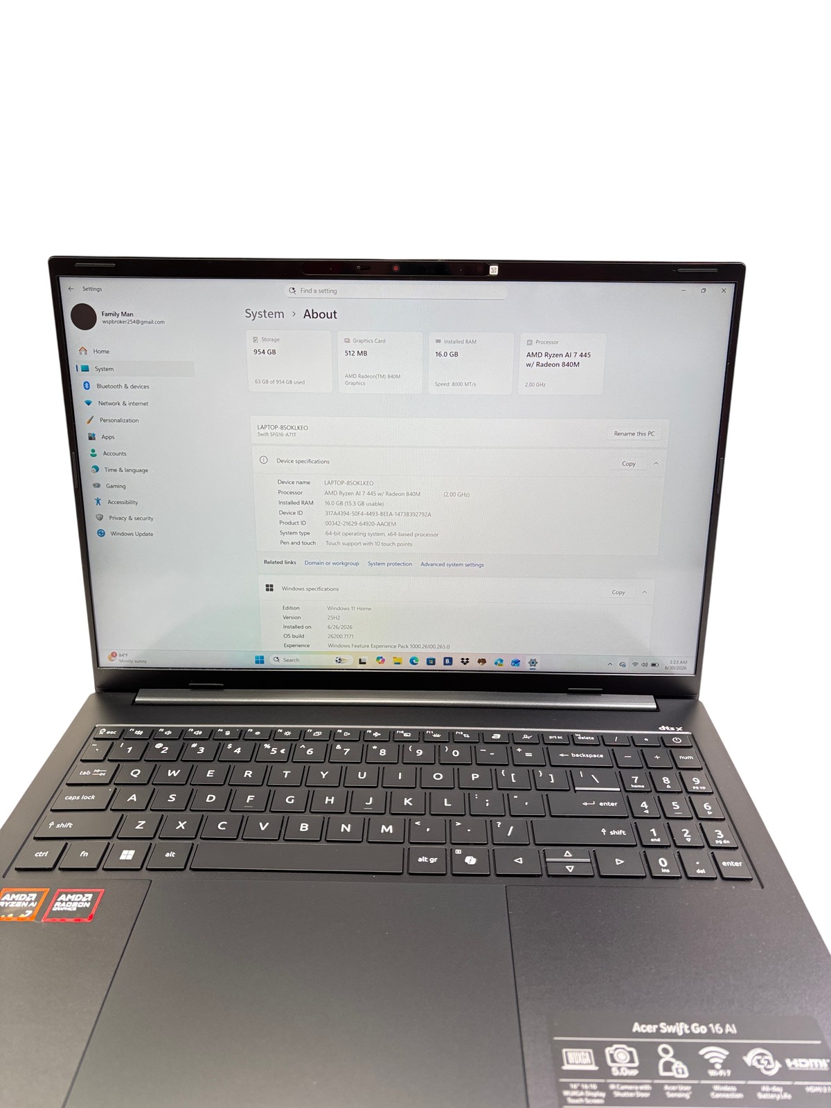 Acer Swift Go 16 AI N25Q23 AMD Ryzen AI 7 445 2GHz 16GB Ram 1Tb SSD 16″