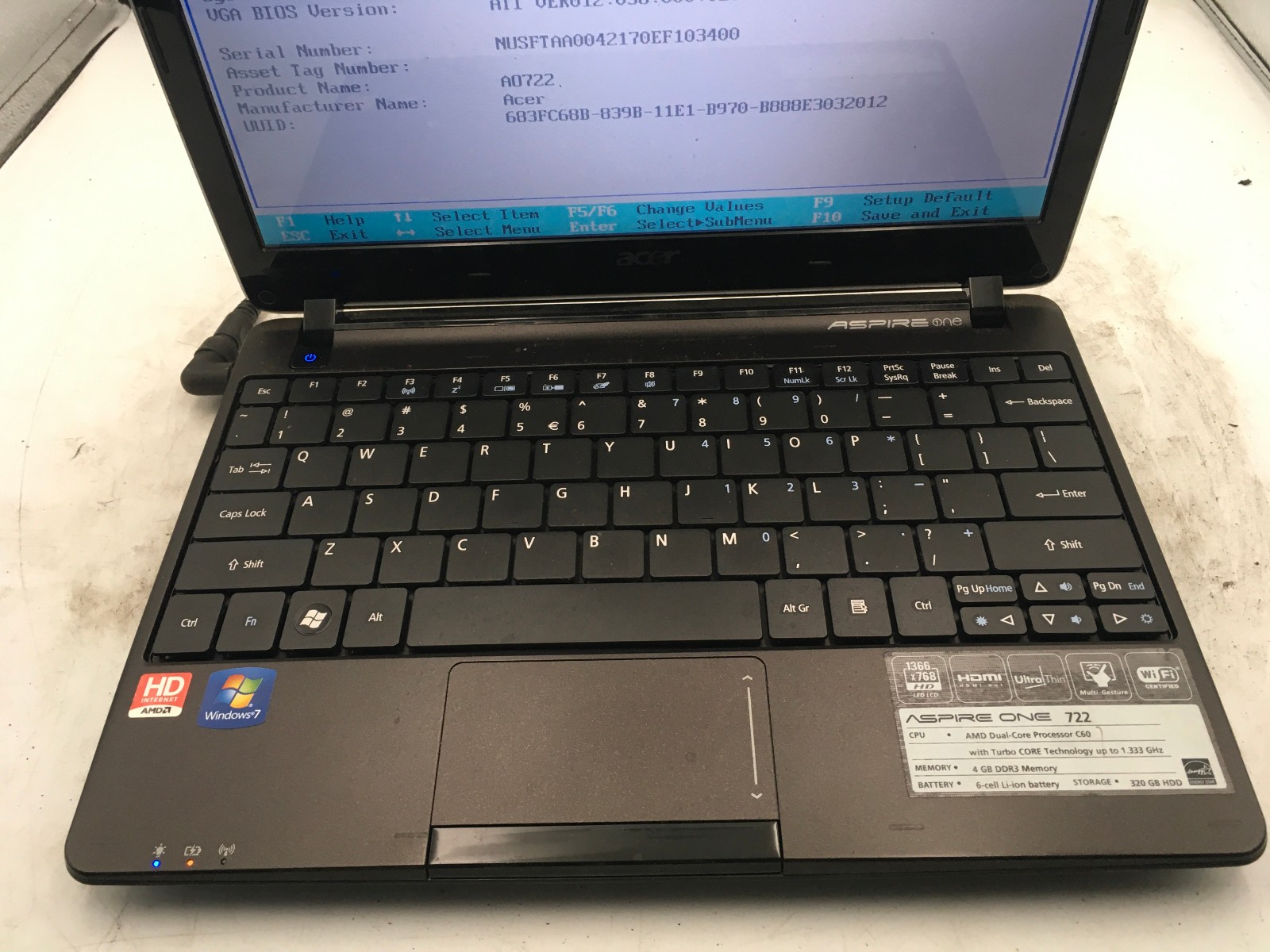 ACER ASPIRE ONE 722 – LOT OF 3 – BOOTS TO BIOS – AMD C60 – NO RAM -READ DESC- BB