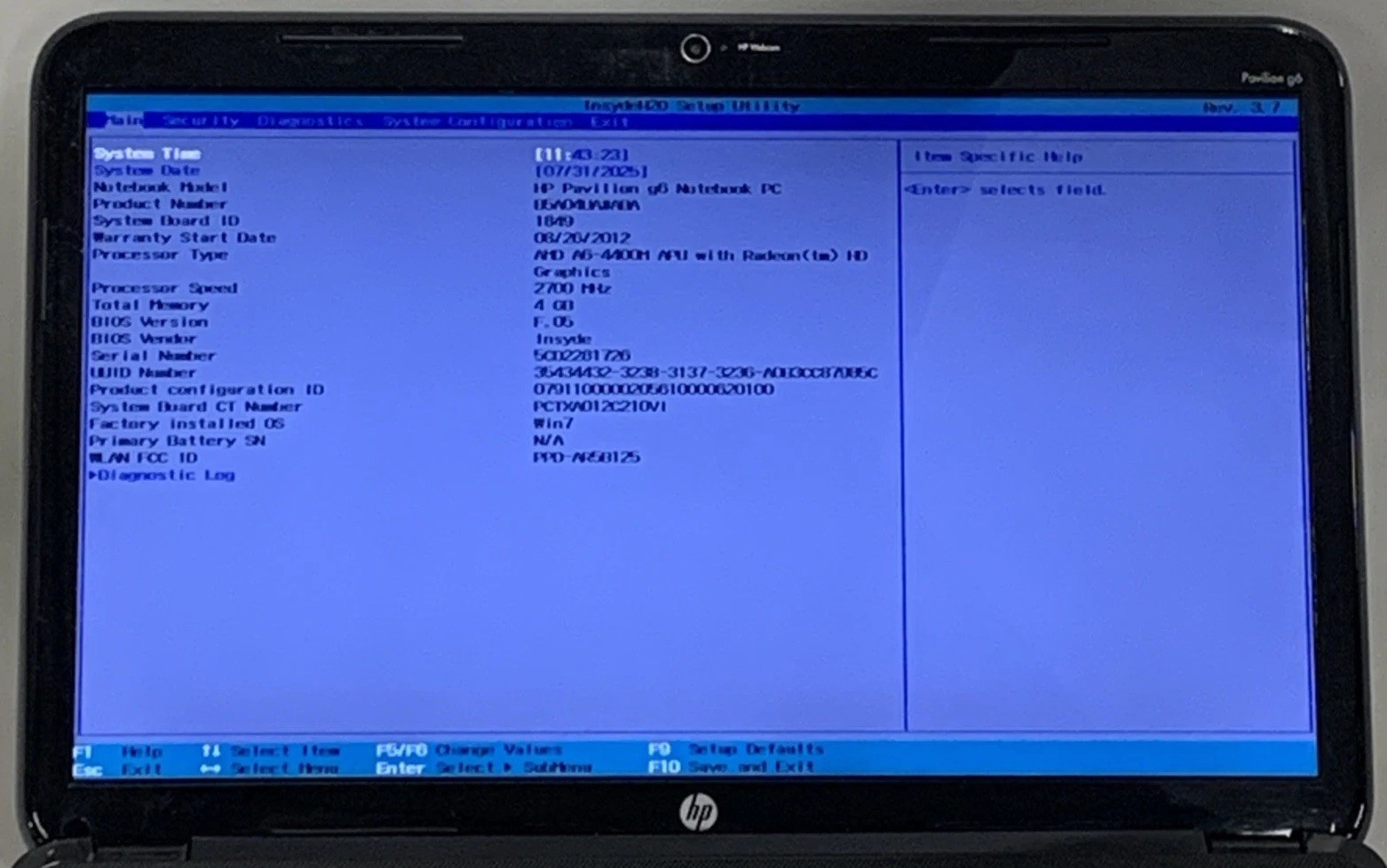 HP Pavilion G6 AMD A6-4400M 2.70GHz 4GB RAM 15.6″ No Battery No HDD No OS