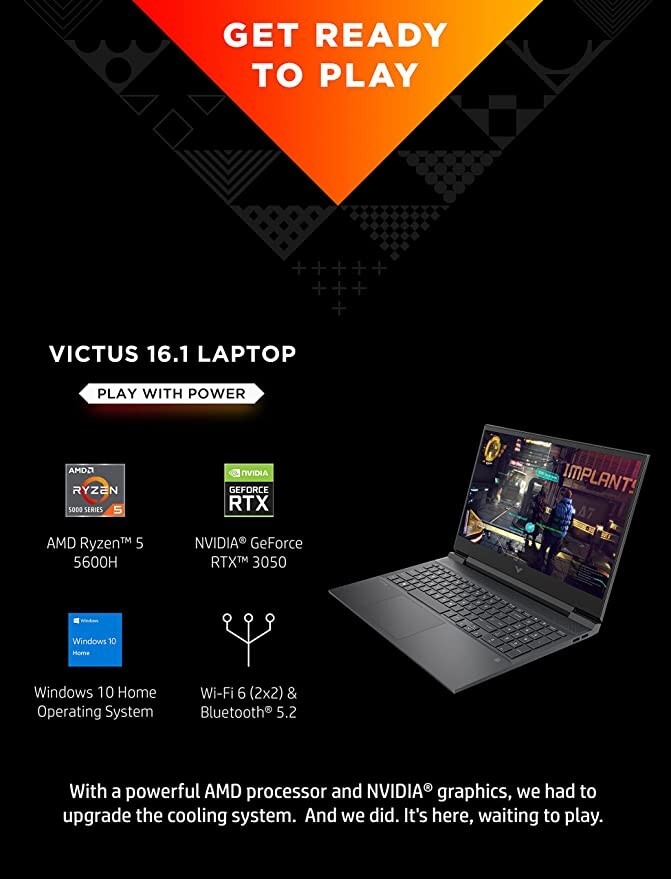 HP Victus 16.1″ (512GB SSD, AMD Ryzen 5, 3.30 GHz, 8GB) Laptop – Mica Silver…