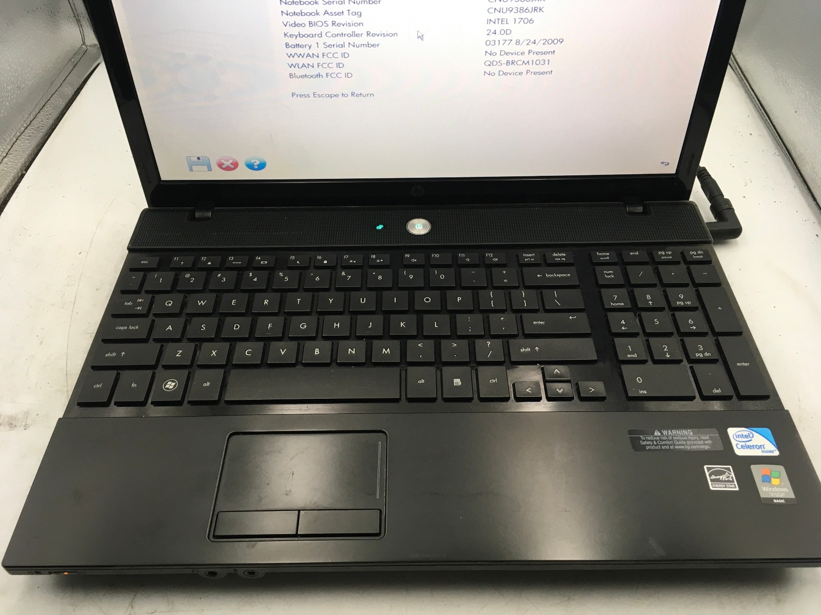 HP PROBOOK 4510S – BOOTS TO BIOS – INTEL CELERON 900 – 2GB RAM – 15″ – READ – BB
