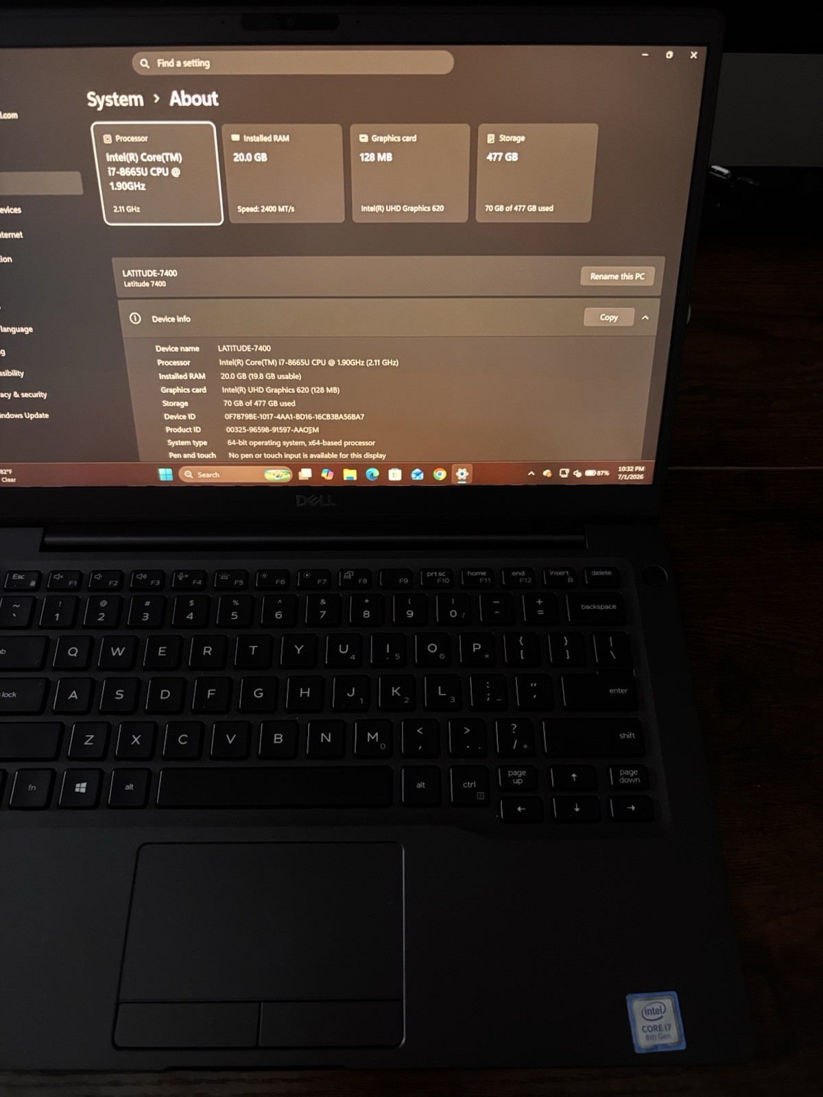 Dell Latitude 7400, I7, 20gb RAM, 512gb SSD
