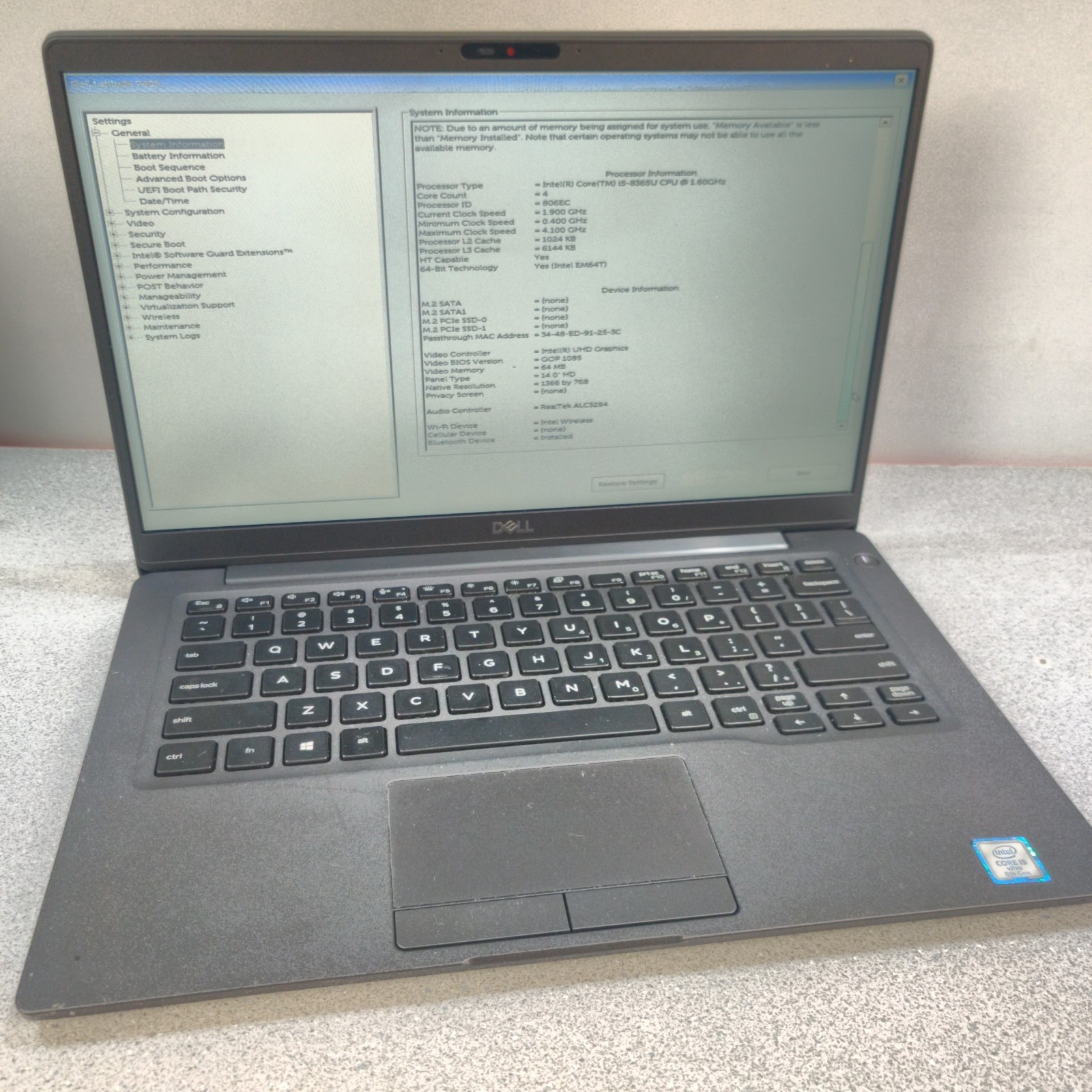Dell Latitude 7400 14″ i5-8365U 16GB RAM NO SSD/OS/AC ADAPTER – TESTED