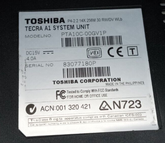Toshiba Tecra A1 Laptop Intel Pentium 4 TA10C-00GV1P Parts