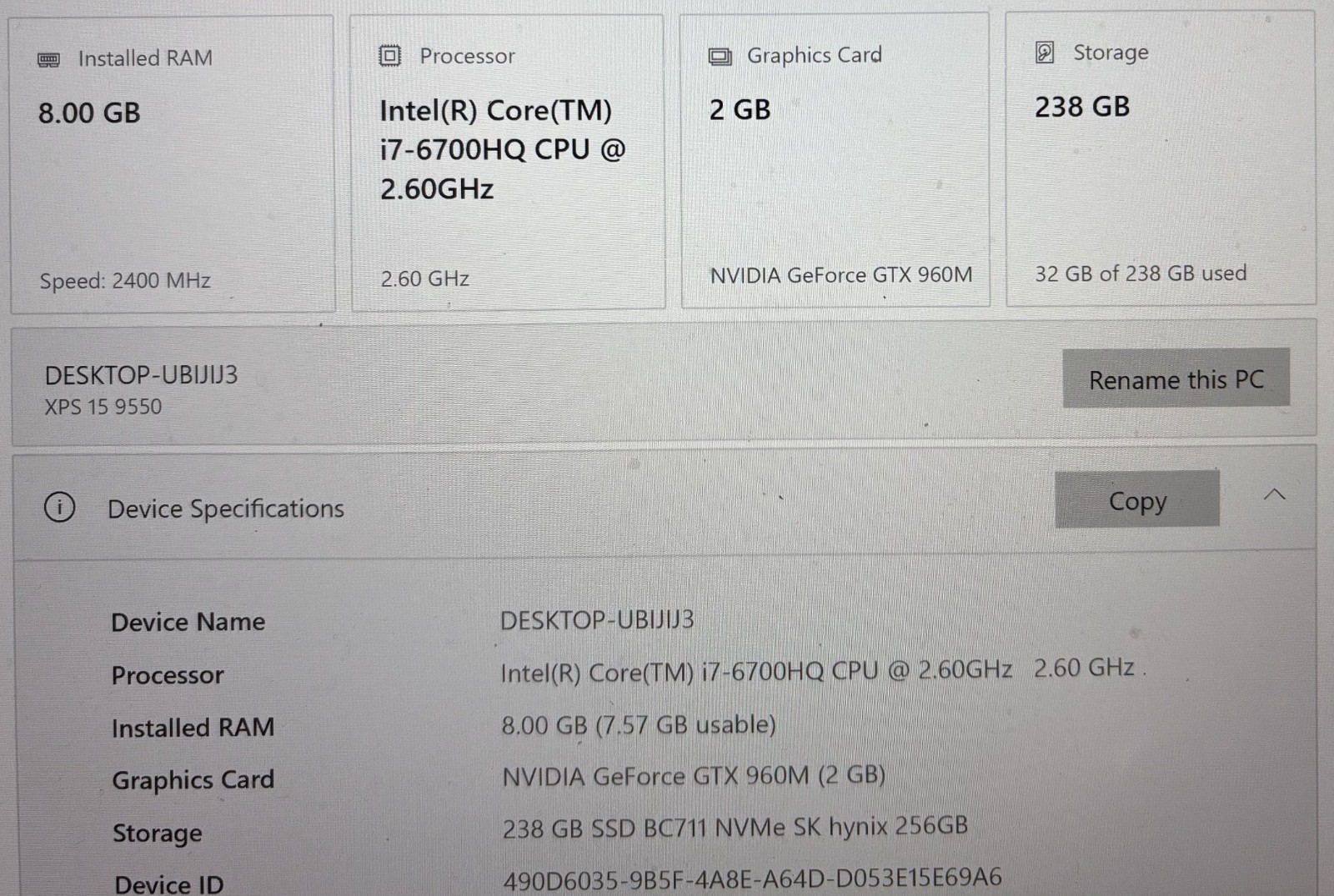 Dell XPS 15 9550 15.6″ 4K UHD i7-6700HQ 2.60GHz | 8GB | 256GB | GeForce GTX 960M