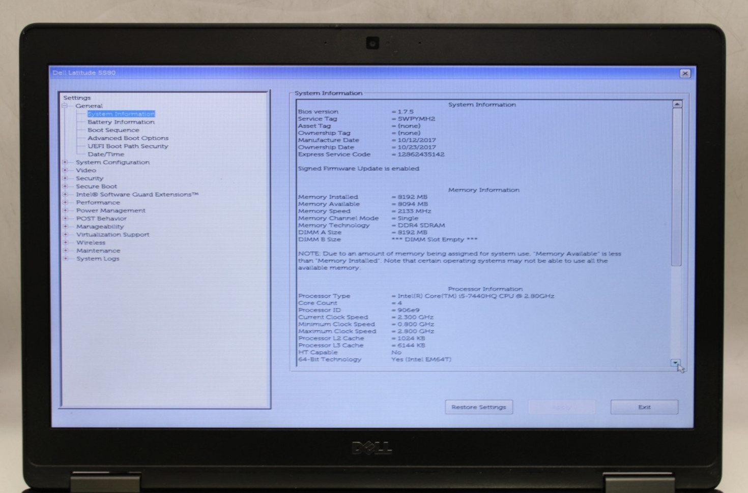 Dell Latitude 5580-i5-7440HQ@2.8GHz-8GB DDR4 RAM-NO STORAGE/OS*USED/TESTED*