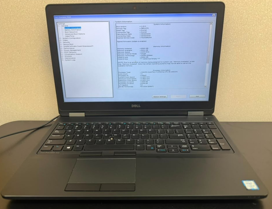 Dell Precision 3510 i7-6700HQ 8GB RAM 0 SSD Missing Battery Cable Used AS-IS