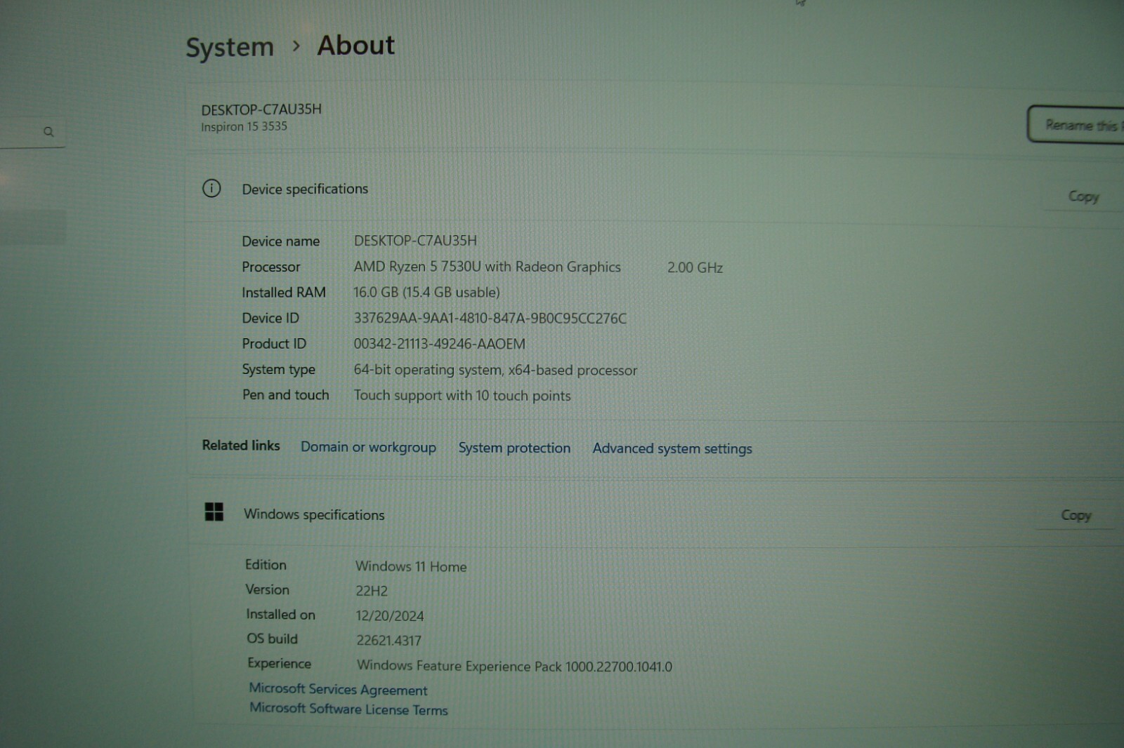 Dell Inspiron 15 3535 15.6” FHD TOUCH AMD Ryzen 5 7530U 2GHz 16GB 512GB +Charger