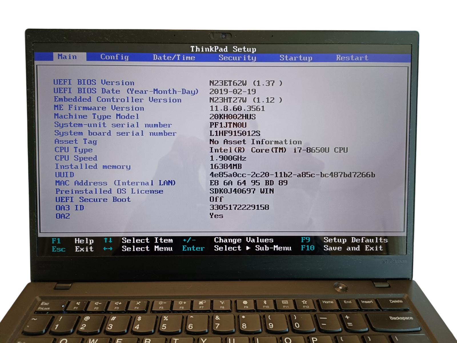 Lenovo ThinkPad X1 Carbon Gen 6 sku6691 14″ i7-8650U 1.90GHz 16GB 512GB Win11