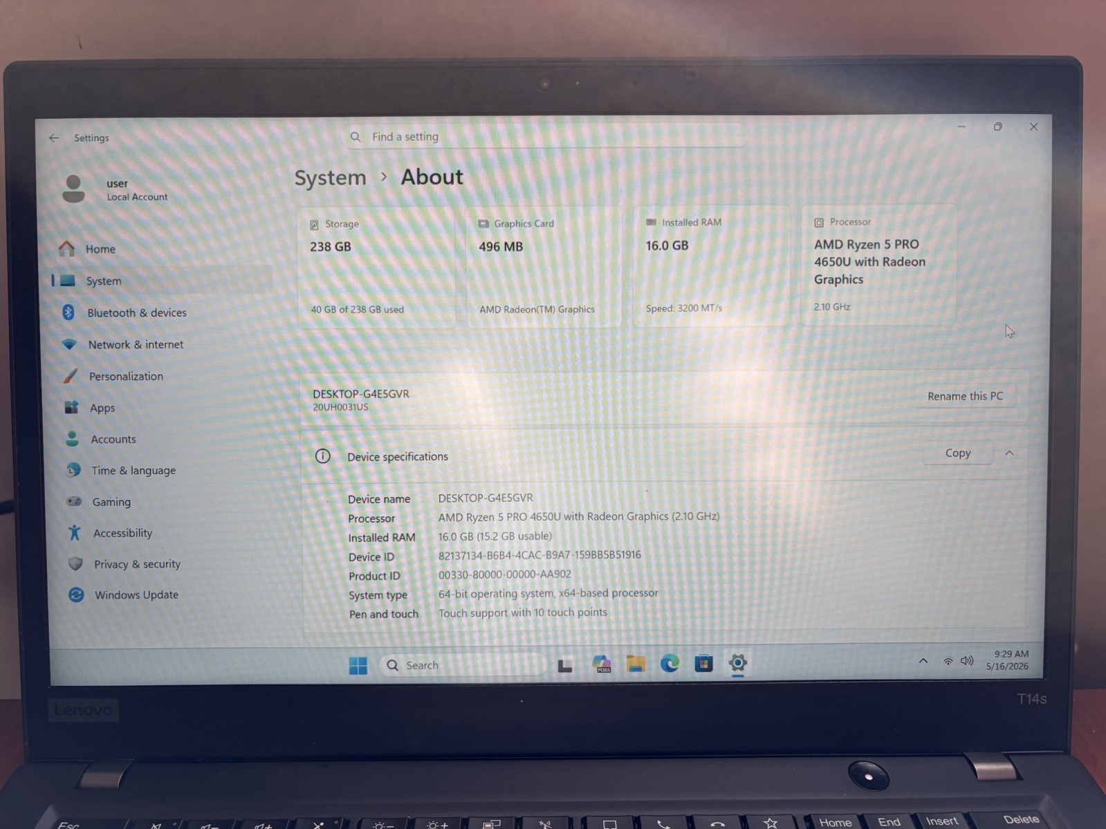 Lenovo ThinkPad T14s Gen 1 Ryzen 5 Pro 16GB 256GB NVMe 14in FHD Laptop
