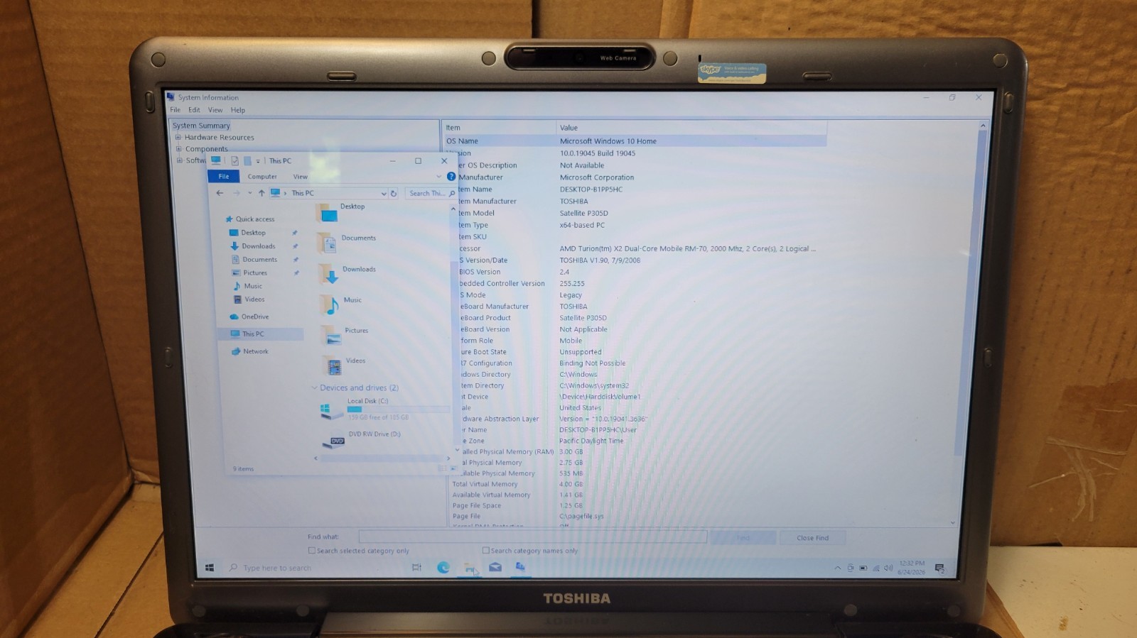 Toshiba Satellite P305D-S8828 Laptop | AMD Turion X2 RM-70 | 3GB Ram | Win 10