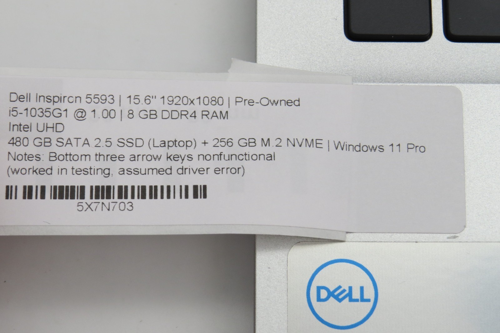 Dell Inspiron 5593-i5-1035G1@1.0GHz-8GB RAM-480GB 2.5+256GB M.2-WIN11PRO *READ*