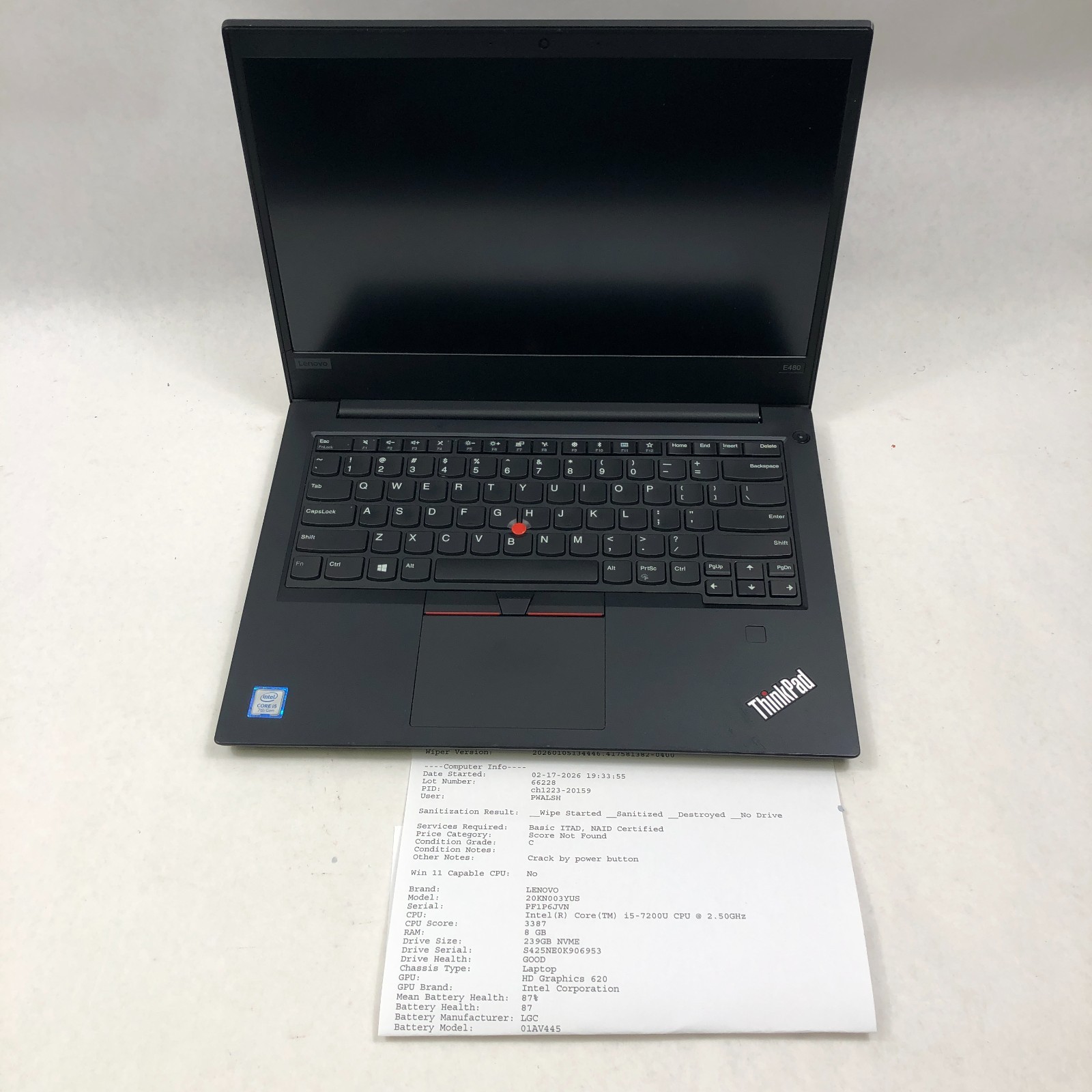 4 Lot Lenovo Thinkpad E480/E470 i5-7200U/6200U 2.5GHz 8GB RAM 1x 256GB/3x NO SSD