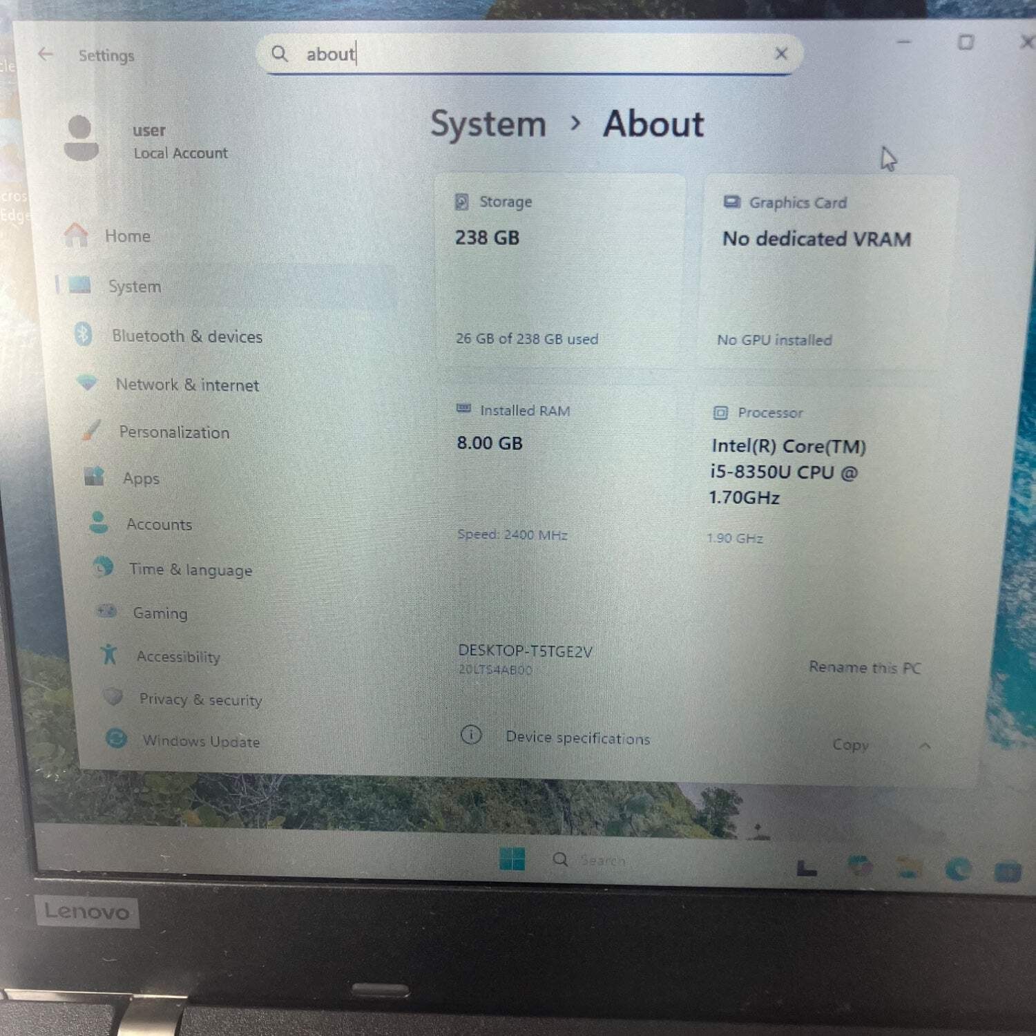 Lenovo ThinkPad L480 14″ Core i5-8350U 1.7GHz 8GB RAM 256GB SSD WIN 11
