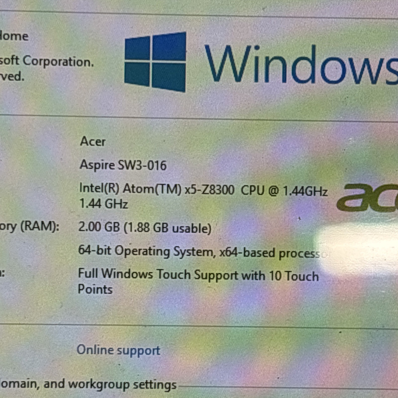 Acer Aspire 10e SW3-016 2-in-1 Multi-Touch Laptop/Tablet 1.44 GHz Windows 10