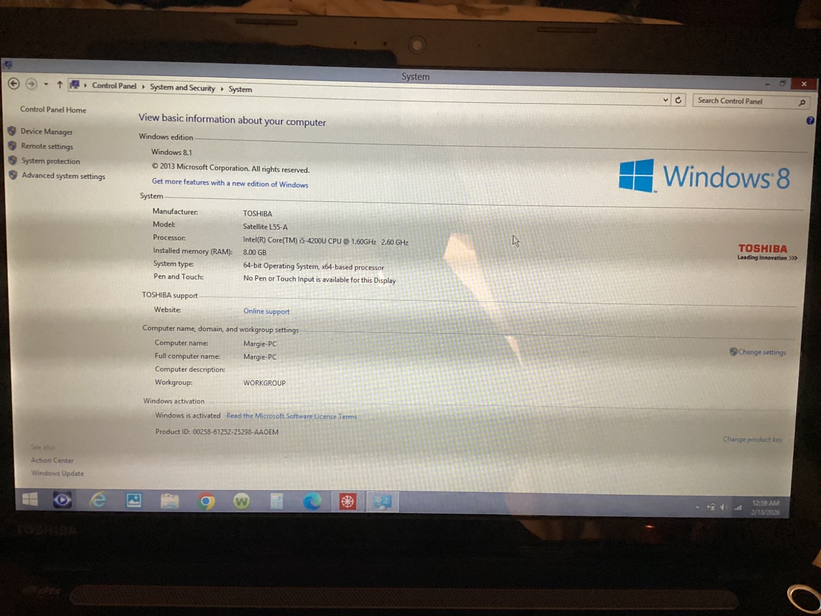 2013 Toshiba Notebook 15.6″ Satellite L55-A1568, msft 8.1, RAM 8.0 intel core i5