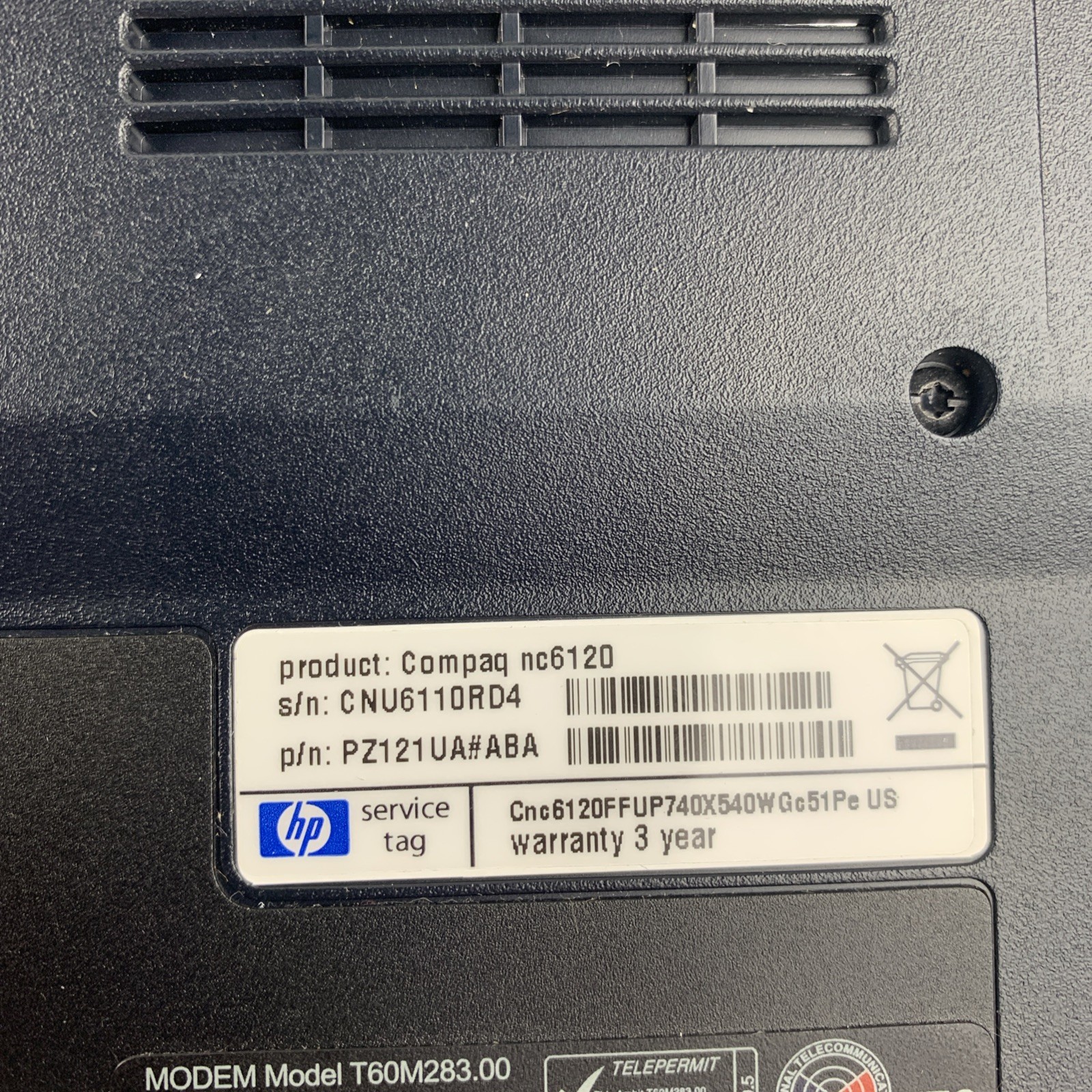 HP Compaq NC6120 Intel Pentium-M 1.73GHz 512MB RAM 15″ No Battery No HDD/OS