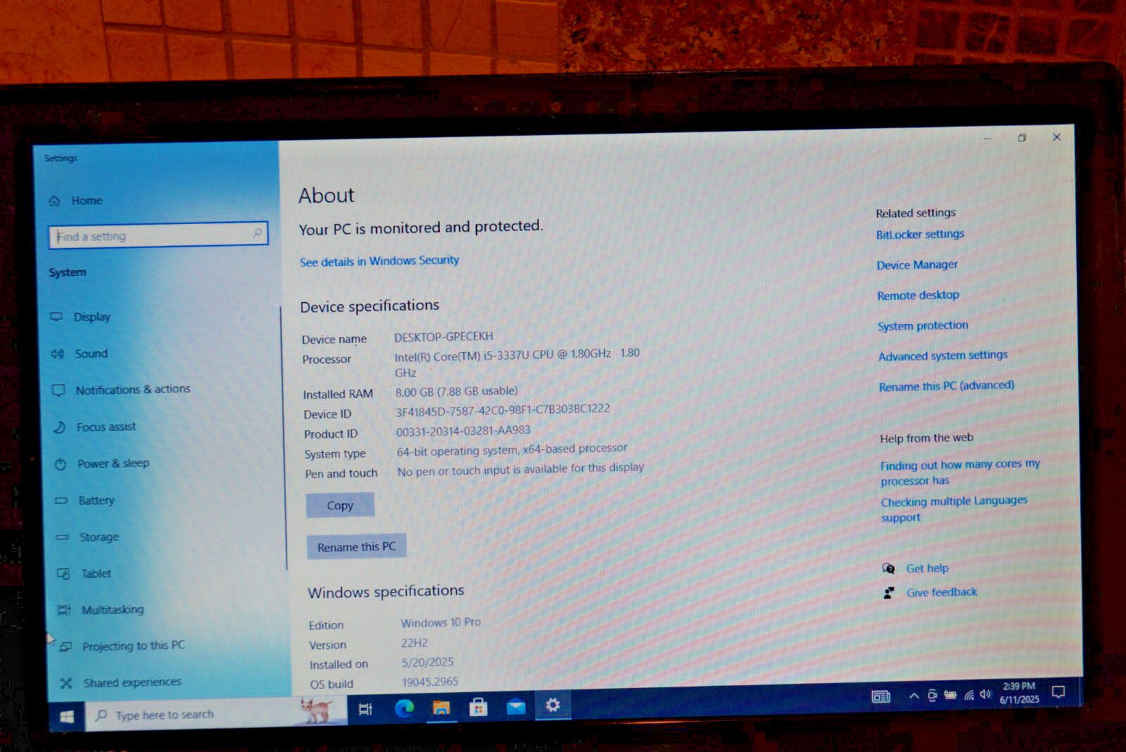 22H2 Version WIN 10PRO Toshiba L55-A5284 Gen3 i5@1.80GHz,8GB RAM,700GB HDD